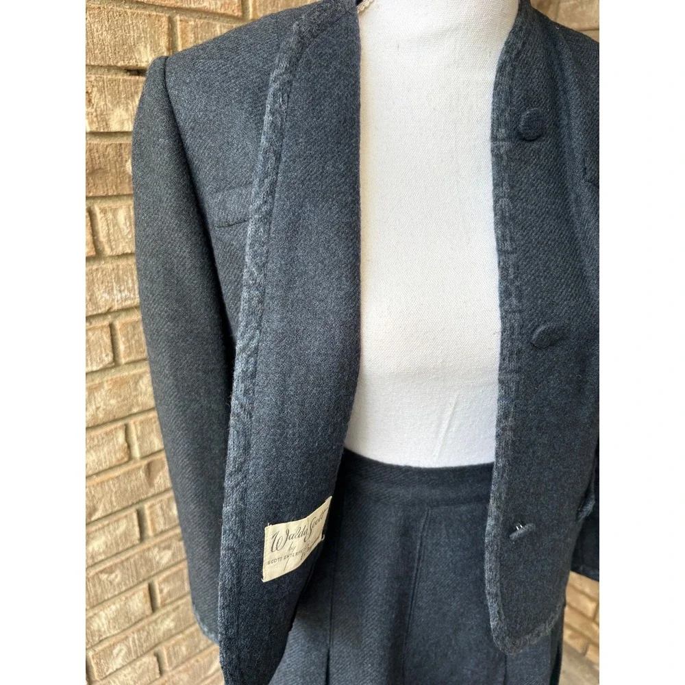 Vintage 1950s Walda Scott Wool Skirt Suit XS Gray Pleated Rockabilly 50s